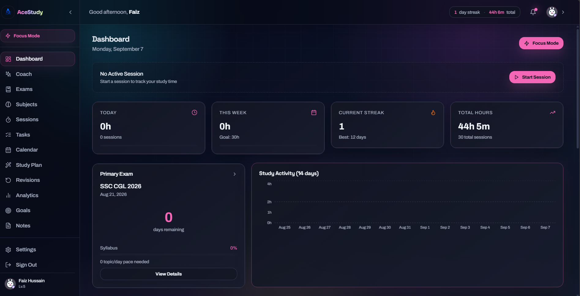 AceStudy dashboard showing study streaks, session hours and syllabus progress