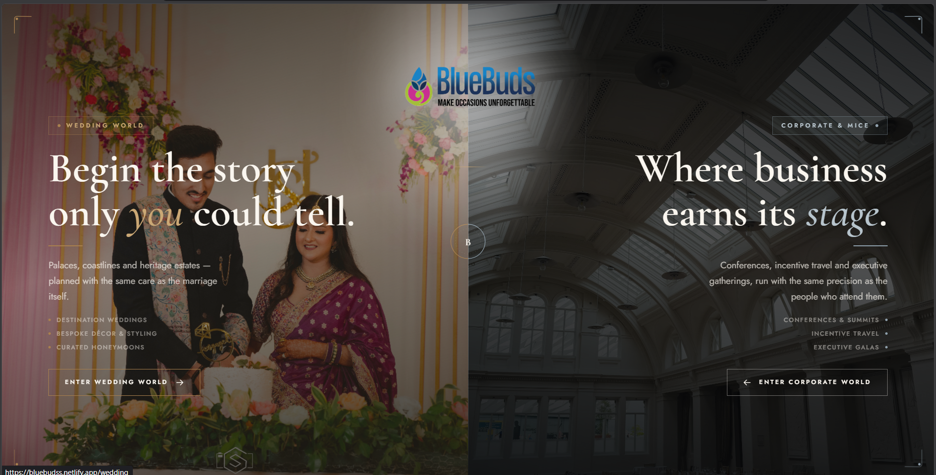 BlueBuds split-screen homepage for wedding and corporate event planning