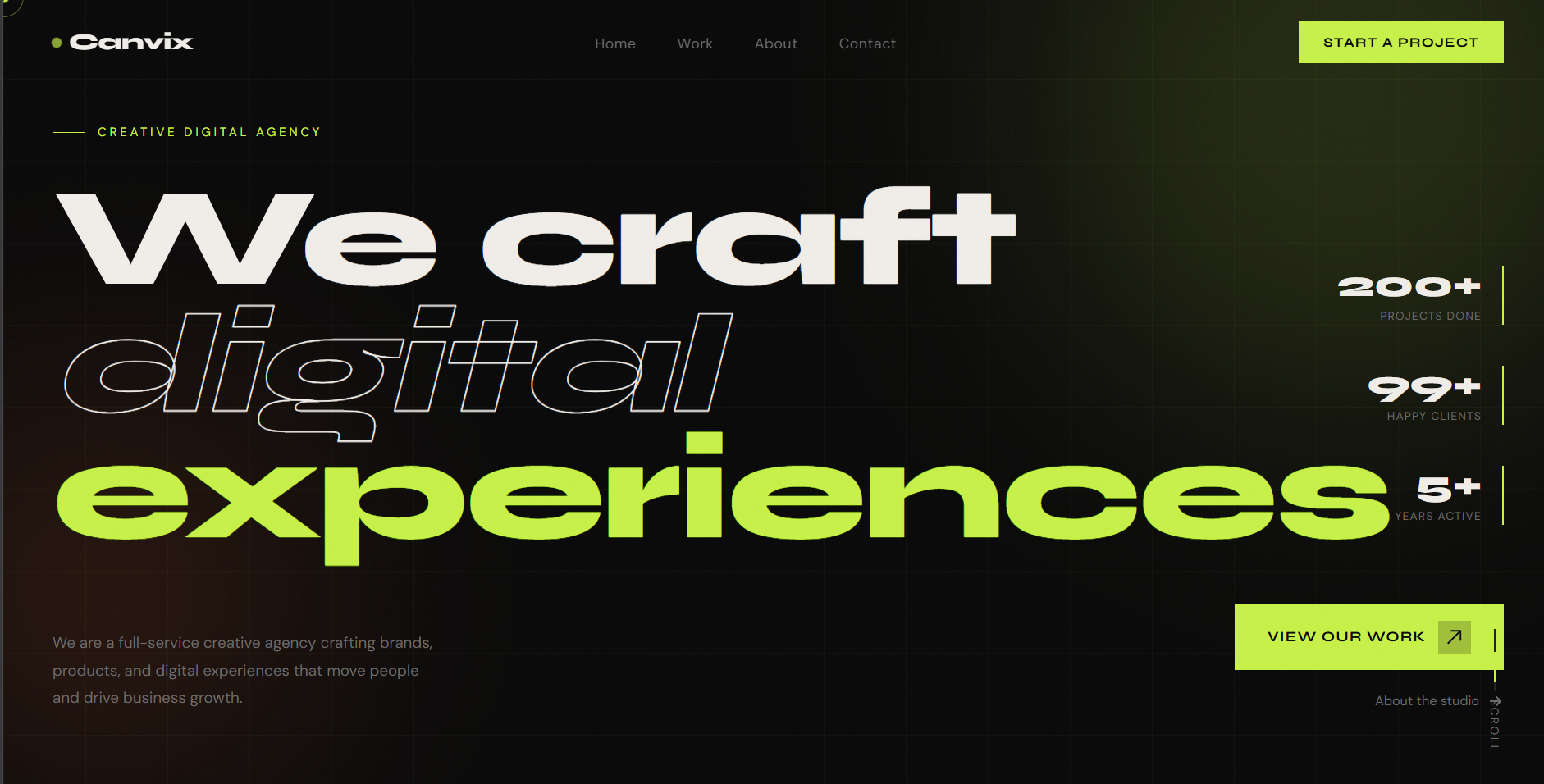 Canvixx creative agency homepage with bold typography and project stats
