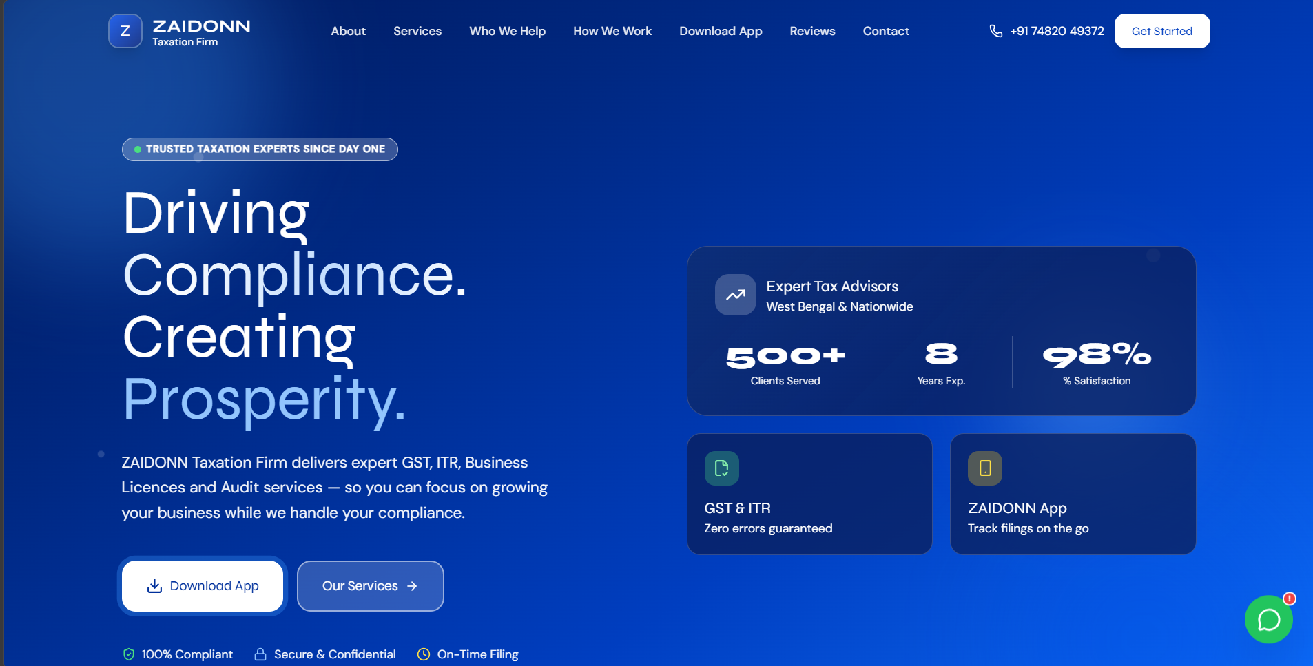 Zaidonn taxation firm homepage showing clients served and satisfaction stats